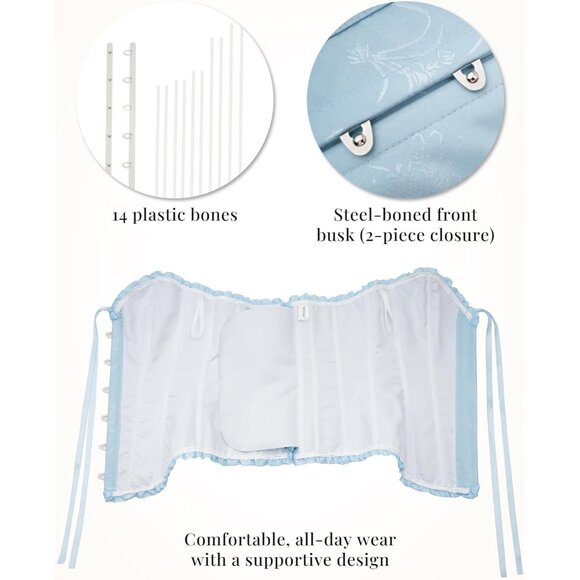 Women's Crystal Blue Corset Tops Bustier Lingerie Lace Waist Push Up Bodysuit - Picture 5 of 8